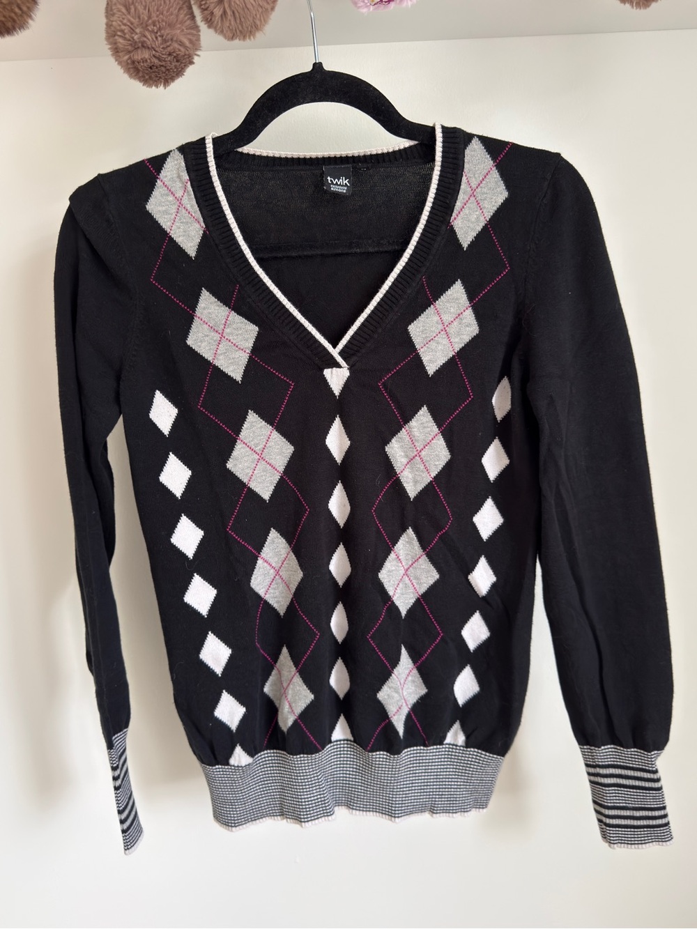 Twik Simons Y2K Argyle V-Neck Sweater Black - Size M